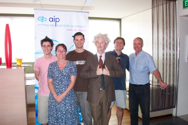 The debaters, organiser, subject, and moderator. (L to R: Matt Smith [D], Kate Wilson [D], Damian Pope [O], Albert Einstein [S], Andrew White [D], Robyn Williams [M]).