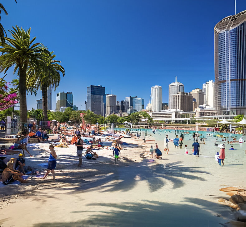View of South Bank beach in downtown Brisbane